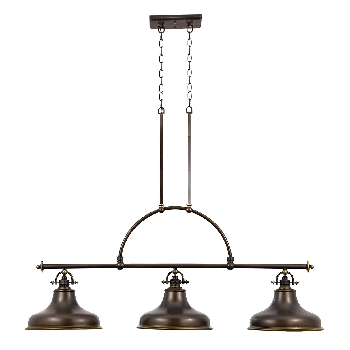 The Emery 3 Light Island Pendant - Palladian Bronze offers rustic charm with its industrial-style design, showcasing three dome-shaped lampshades in a warm finish. It's gracefully suspended from the ceiling by two adjustable rods and chains, adding warmth to any room.