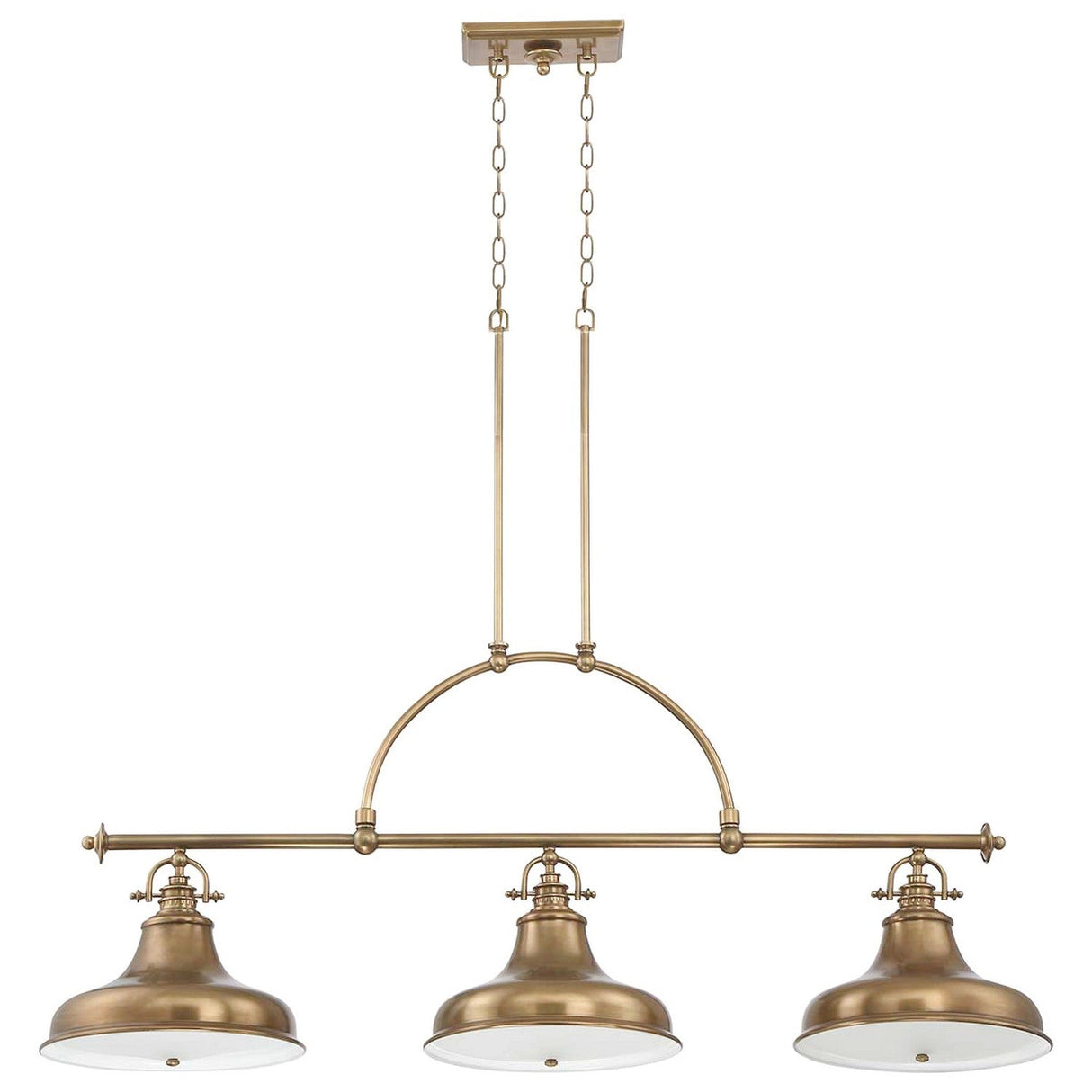The Emery 3 Light Island Pendant in Weathered Brass features a vintage-inspired design with an arching rod. Suspended by two chains, it showcases three dome-shaped lampshades, adding timeless elegance to any space.