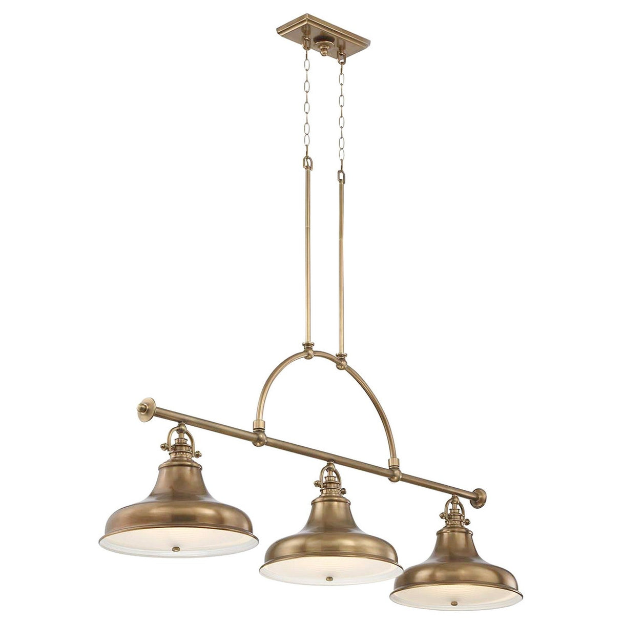 The Emery 3 Light Island Pendant in Weathered Brass boasts three dome-shaped shades, suspended by a pair of chains and a central arch. Its antique appearance offers a vintage-inspired design element, perfect for those who appreciate timeless elegance.