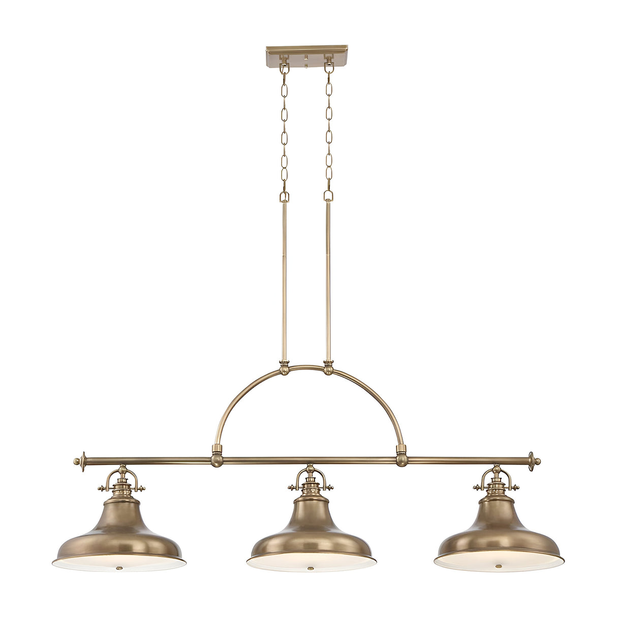 The Emery 3 Light Island Pendant - Weathered Brass is a vintage-inspired lighting fixture featuring three dome-shaped lampshades. It is suspended by two chains attached to a rectangular ceiling mount and showcases a curved arch design above the lights.