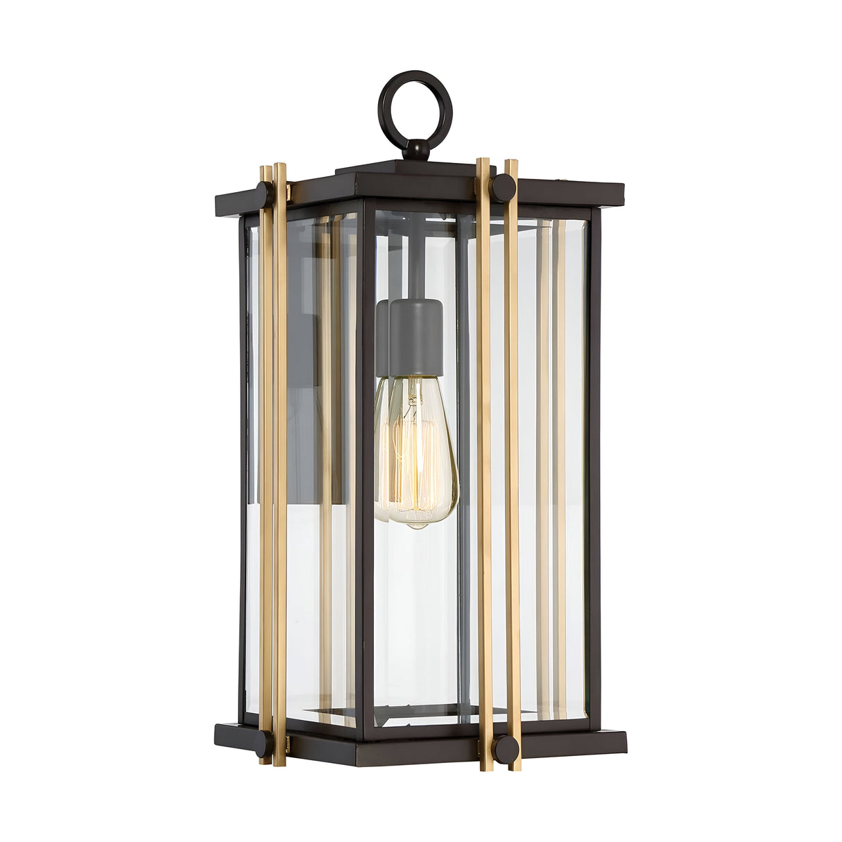 The Goldenrod Outdoor 1 Light Large Wall Lantern showcases a sleek black and gold design with clear glass panels, accompanied by a vintage-style bulb. Its Western Bronze finish adds elegance, and the loop on top allows for easy hanging. Boasting an IP44 rating, it offers weather-resistant lighting that's perfect for outdoor use.