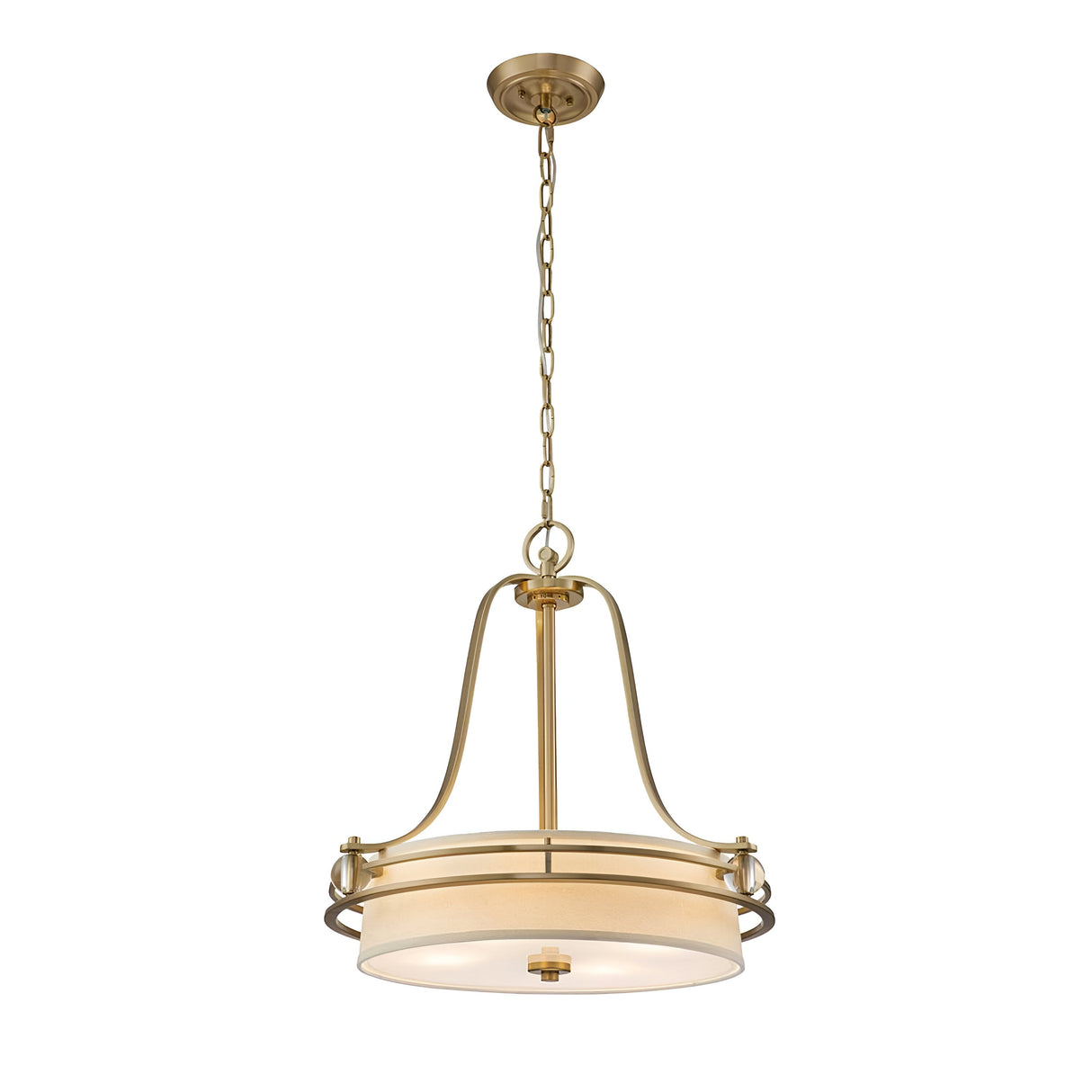 A small chandelier in brushed brass, featuring a circular cream shade and suspended by a chain, showcases sleek curves and minimalistic details that embody the elegance of the Gotham 4 Light Chandelier for a modern, stylish look.