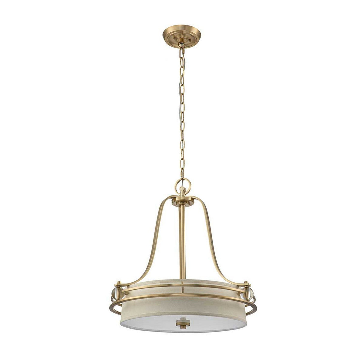 The Gotham 4 Light Small Chandelier in Brushed Brass boasts an elegant design with a gold finish and round cream shade, suspended from a chain. It features curved metal supports and a central fixture, exuding modern sophistication reminiscent of its luxurious design.