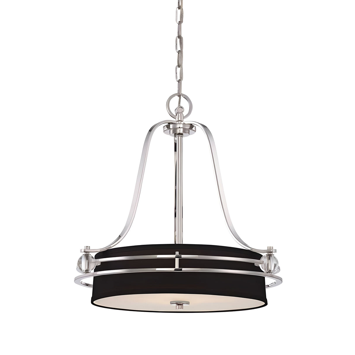 Introducing the Gotham 4 Light Small Chandelier, featuring a sleek design with a black drum-shaped shade. This modern pendant light is suspended by an Imperial Silver chain and frame, adding a contemporary touch that complements any modern interior.