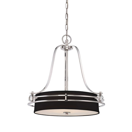 Introducing the Gotham 4 Light Small Chandelier, featuring a sleek design with a black drum-shaped shade. This modern pendant light is suspended by an Imperial Silver chain and frame, adding a contemporary touch that complements any modern interior.