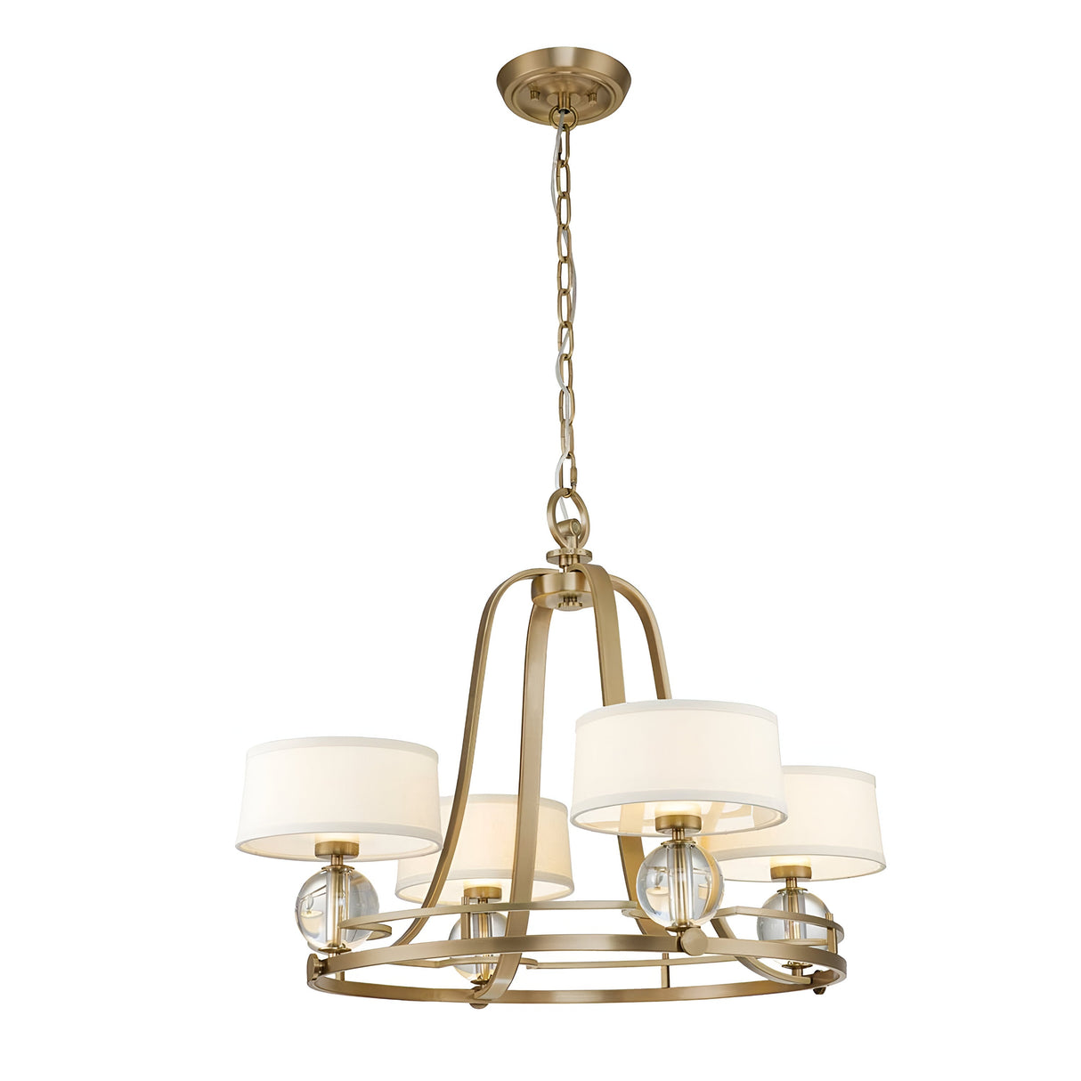 The Gotham 4 Light Chandelier in brushed brass showcases urban-inspired elegance with its circular frame and four white lampshades. Each shade is complemented by a spherical clear glass accent, and the chandelier hangs gracefully from a matching chain and ceiling mount.