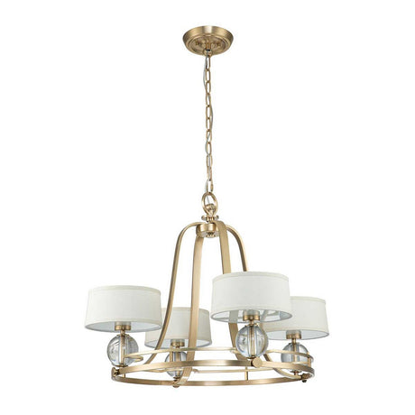 The Gotham 4 Light Chandelier in brushed brass features four white fabric drum shades and clear glass accents. It hangs from a gold chain, effortlessly blending urban-inspired elegance with contemporary design elements.