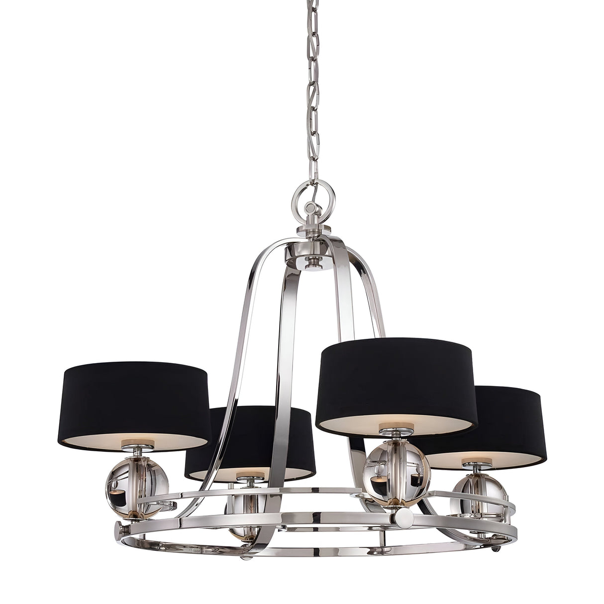 The Gotham 4 Light Chandelier - Imperial Silver exudes industrial elegance with its silver metal frame and four black drum-shaped lampshades, each encasing a bulb. This fixture is beautifully suspended by a chain, offering a striking touch to any modern space.