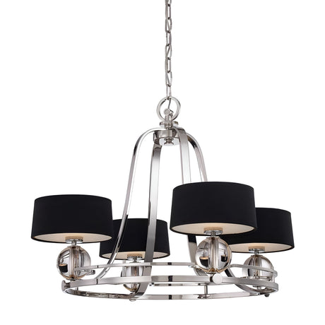 The Gotham 4 Light Chandelier - Imperial Silver exudes industrial elegance with its silver metal frame and four black drum-shaped lampshades, each encasing a bulb. This fixture is beautifully suspended by a chain, offering a striking touch to any modern space.