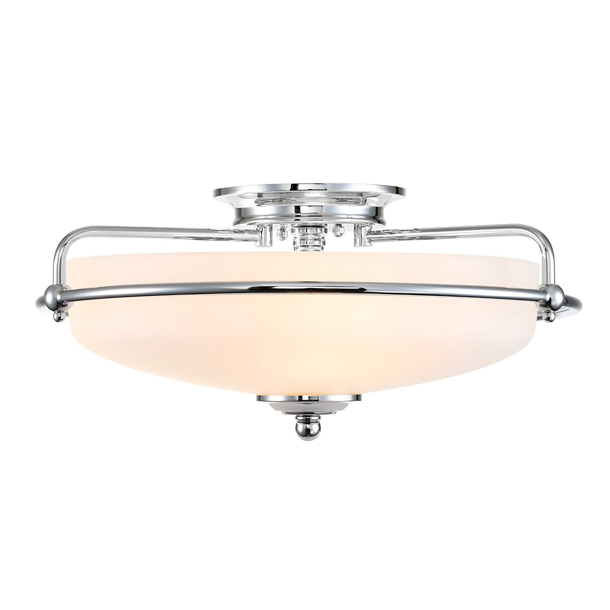 The Griffin 3 Light Flush in Polished Chrome is a modern ceiling light featuring a frosted glass dome shade, secured by metal bars and decorative finials, providing sleek contemporary lighting.