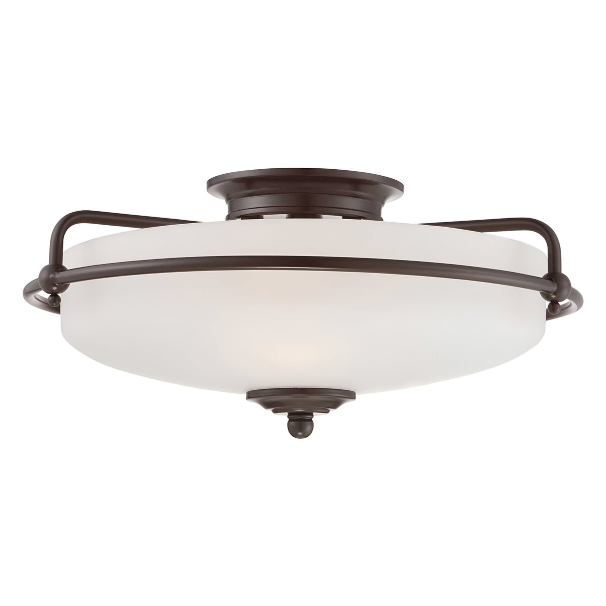 The Griffin 3 Light Flush - Palladian Bronze ceiling fixture showcases a sophisticated circular etched glass shade, encased in an elegant dark Palladian Bronze frame. Its sleek and minimalist design makes it ideal for contemporary interiors.