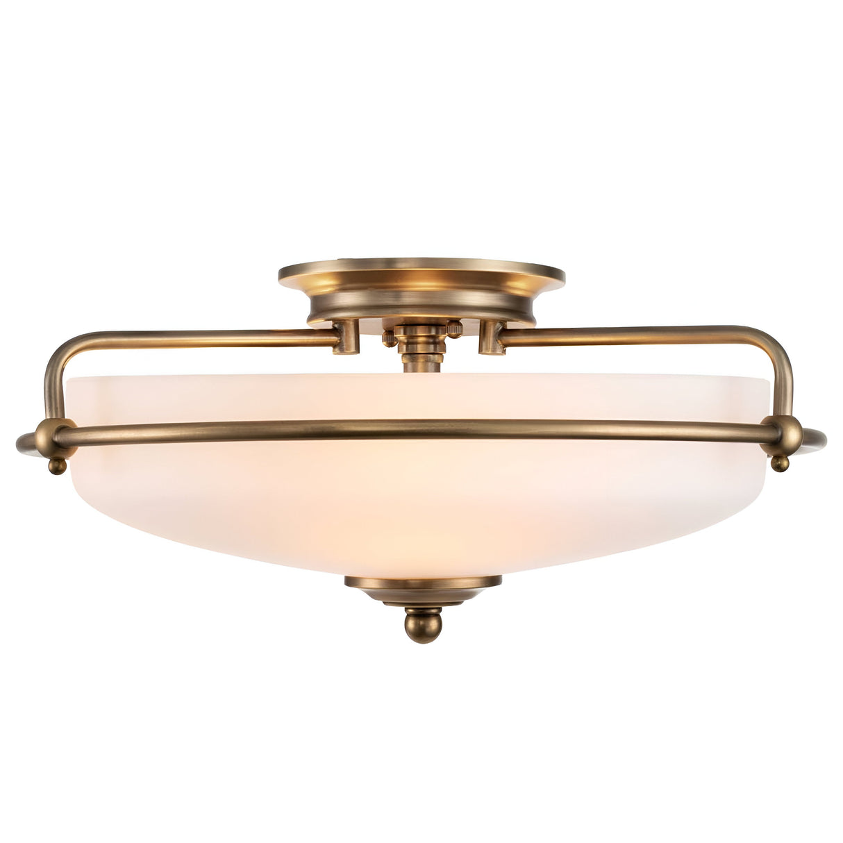 The Griffin 3 Light Flush in Weathered Brass pairs a frosted, etched glass shade with a timeless vintage-inspired design. Its semi-flush mount features a circular base and metal rim, making it perfect for transitional interiors by providing an elegant look and a warm, inviting glow.