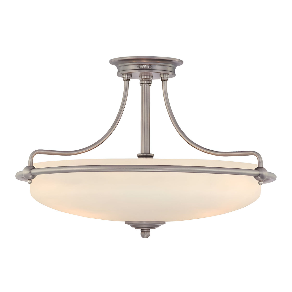 Introducing the Griffin 4 Light Semi-Flush in Antique Nickel, a contemporary fixture showcasing a frosted glass dome shade, refined curved metal arms, and an eye-catching central finial for versatile ambient lighting.