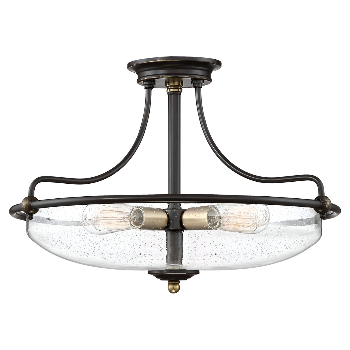 A Griffin 3 Light Large Semi-Flush ceiling fixture with a Palladian Bronze finish and weathered brass accent, featuring clear glass shades. The design includes elegant curved arms connecting to a round ceiling mount and accommodates three Edison-style bulbs.
