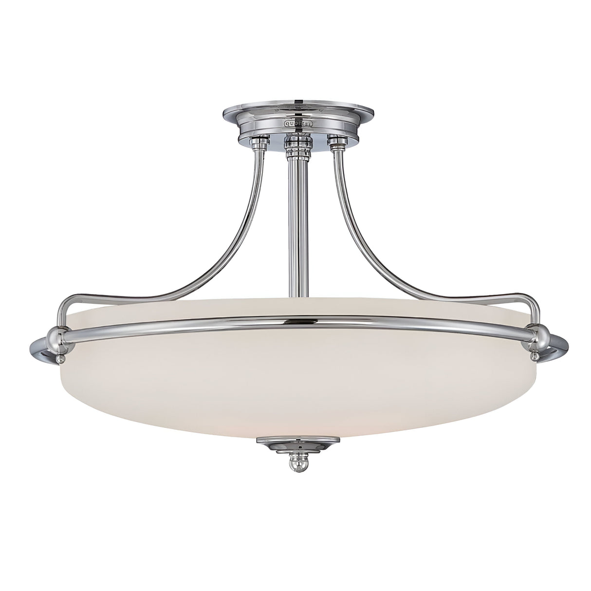 The Griffin 4 Light Semi-Flush in polished chrome features an opaque white glass dome, elegant curved metal supports, and a central decorative element, embodying modern elegance with its sleek and contemporary style.
