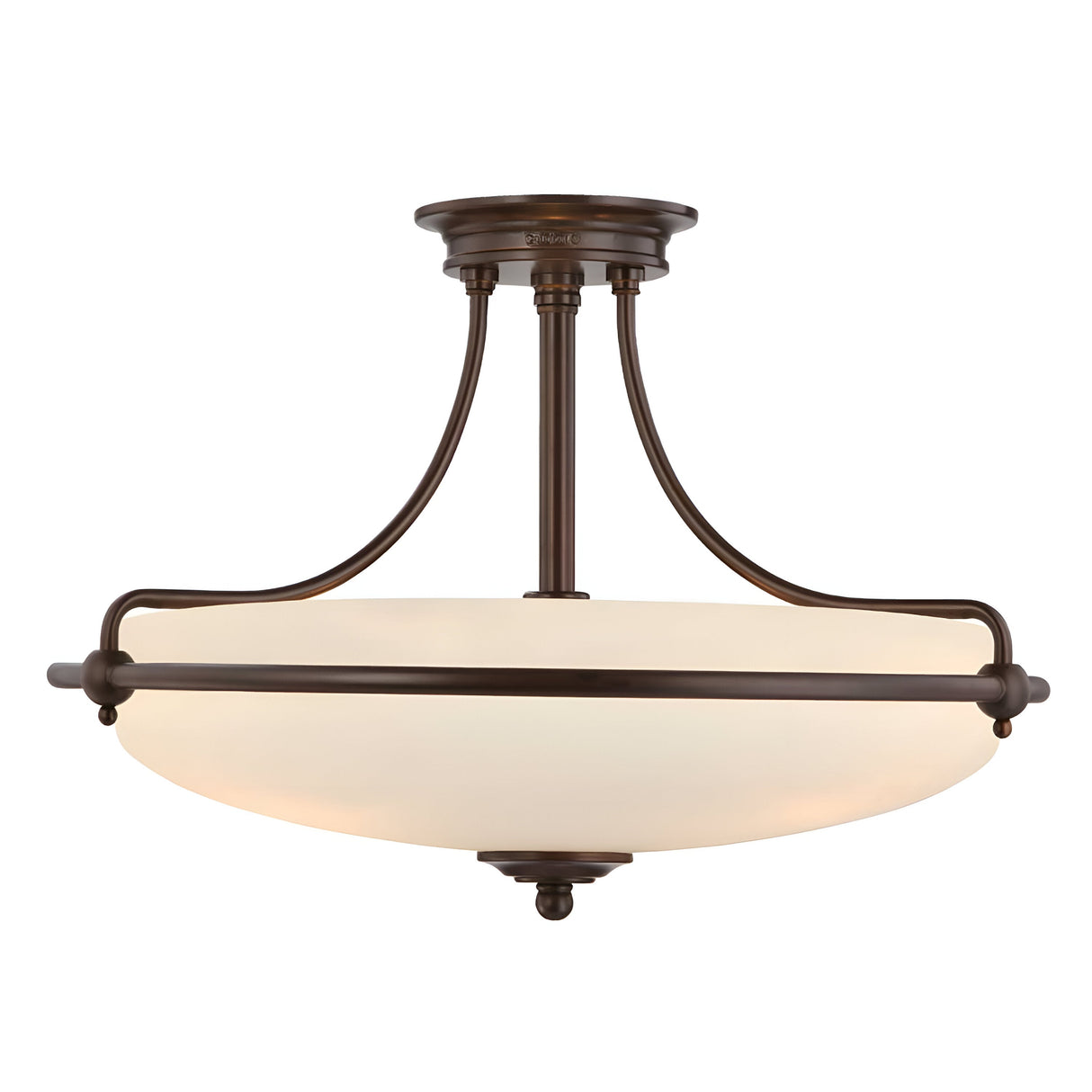 The Griffin 4 Light Semi-Flush - Palladian Bronze features a frosted glass bowl shade and a Palladian Bronze frame, elegantly supported by three curved arms connecting to its round base.