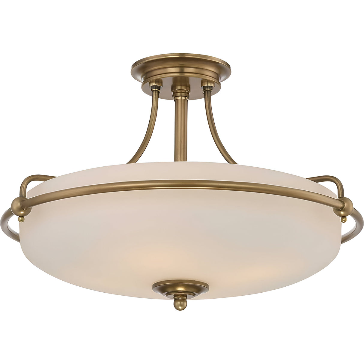 The Griffin 4 Light Semi-Flush in Weathered Brass exudes vintage charm with its frosted glass shade. Its elegant curved metal supports extend to a weathered brass base, offering a classic and sophisticated design that perfectly enhances ambient lighting.