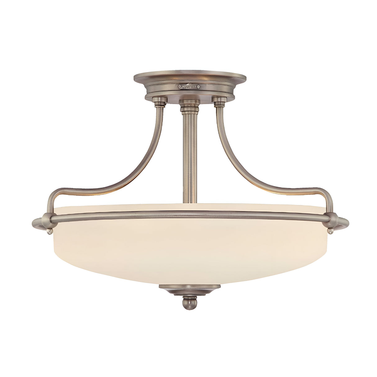 The Griffin 3 Light Semi-Flush in Antique Nickel is a ceiling light featuring a white glass bowl-shaped shade. It showcases a brushed antique nickel finish and three curved arms connecting the base to the dome, seamlessly combining industrial style lighting with an elegant modern design suitable for contemporary interiors.