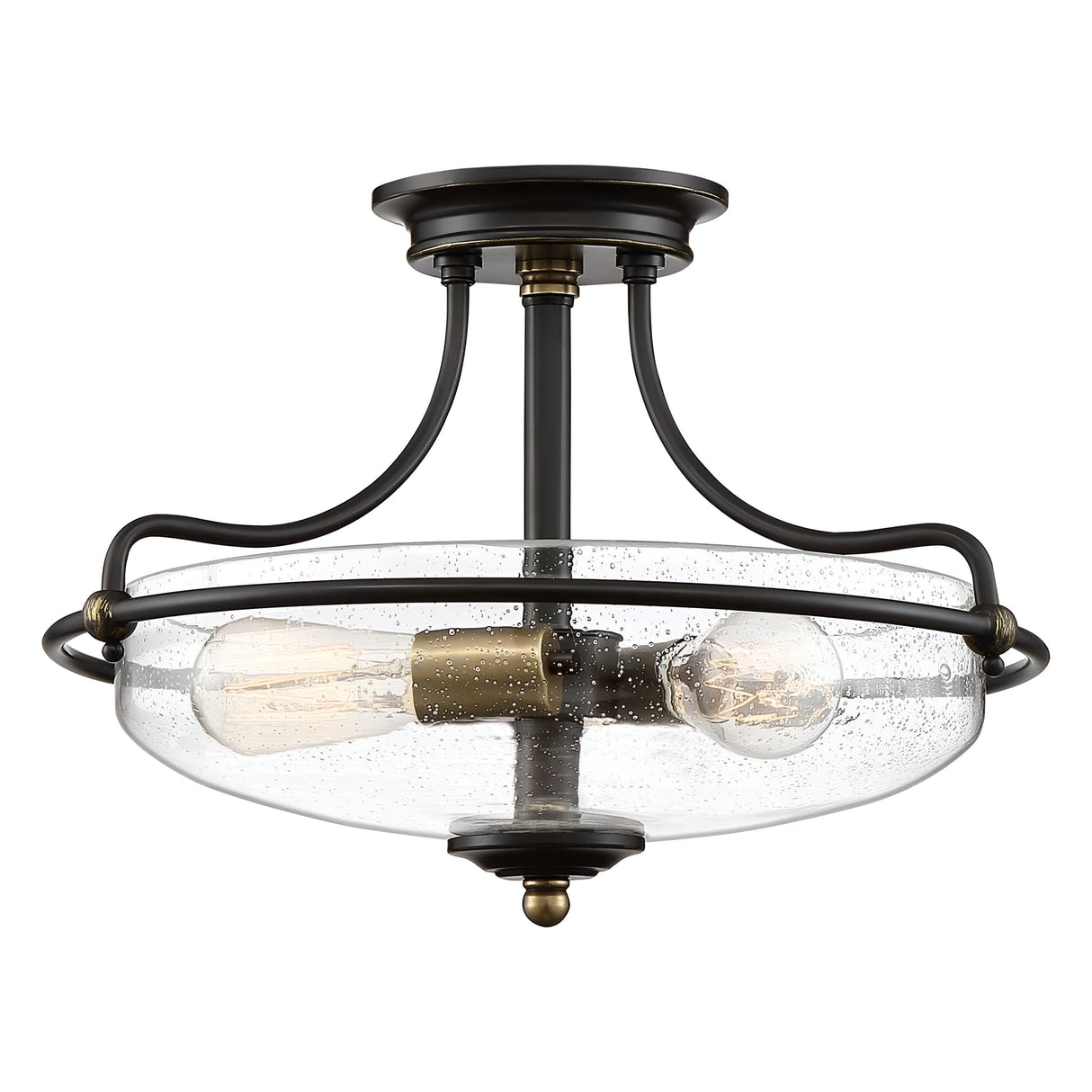 The Griffin 3 Light Small Semi-Flush combines contemporary design with elegance, featuring a round fixture in Palladian Bronze complemented by a Weathered Brass accent. It showcases three exposed bulbs encased in clear, textured glass shades, supported by a sleek metal frame.