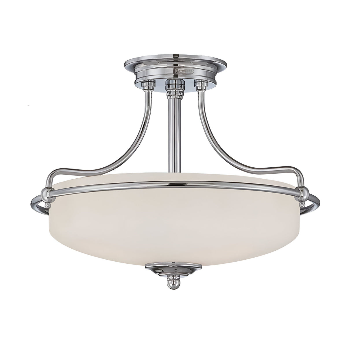 The Griffin 3 Light Semi-Flush in Polished Chrome is a modern fixture that boasts a frosted white glass shade. It features elegantly curved metal arms that connect the fixture to a round ceiling base, adding a contemporary touch to any room.