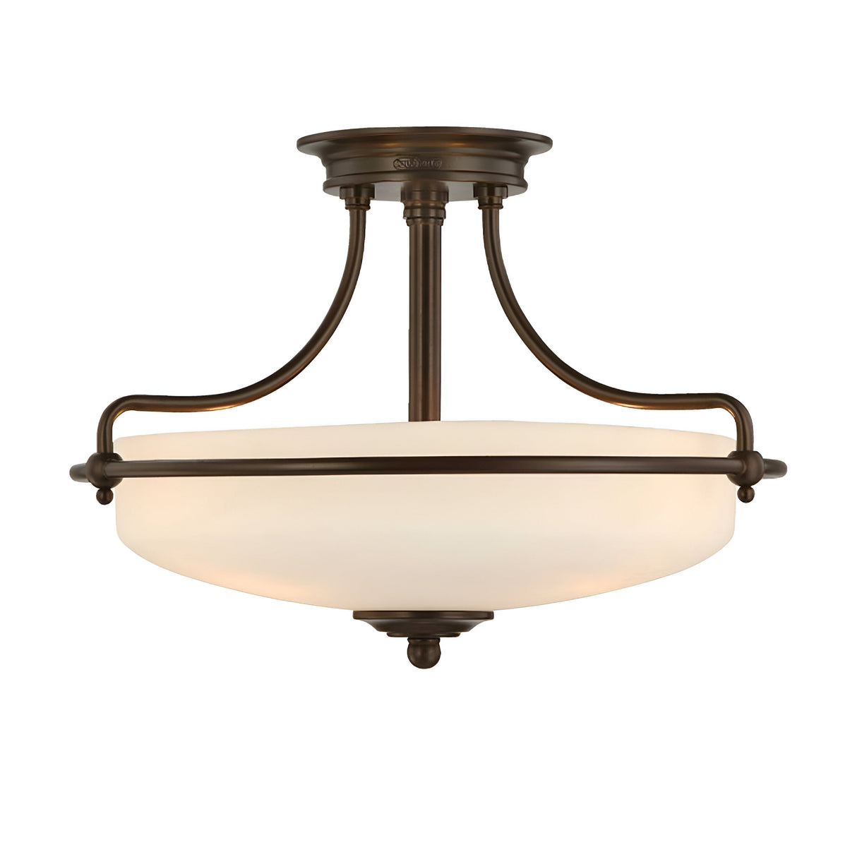 The Griffin 3 Light Semi-Flush in Palladian Bronze showcases a white glass shade and graceful curved arms, delivering gorgeous ambient lighting for any room.