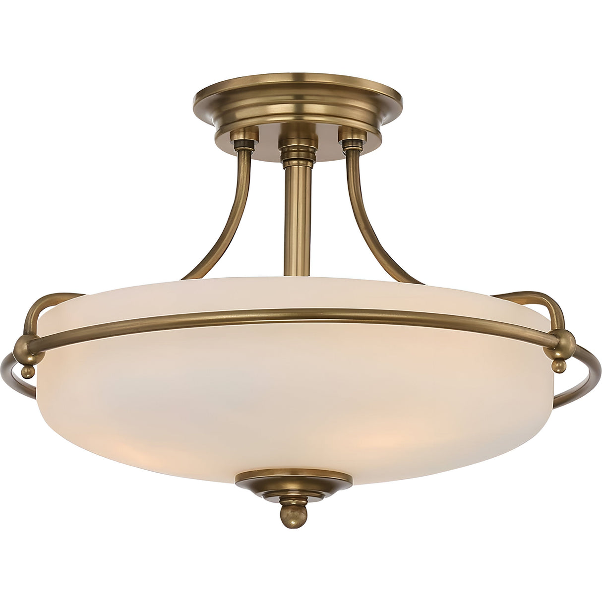 Introducing the Griffin 3 Light Semi-Flush in Weathered Brass, featuring an etched white shade. This fixture boasts a circular design with elegant curved supports and a timeless, polished finish.