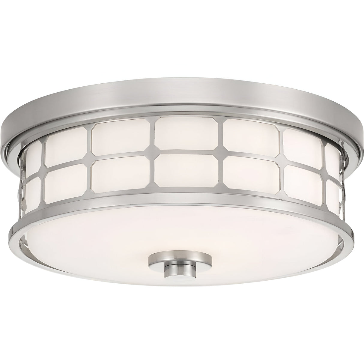 The Guardian 2 Light Flush in Brushed Nickel features a contemporary design with an opal glass shade. It showcases a geometric pattern around the sides, paired with a stylish circular base.