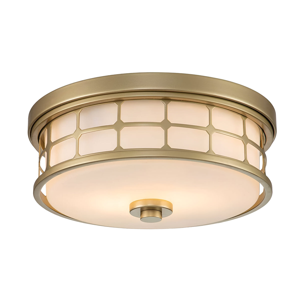 Introducing the Guardian 2 Light Flush in painted natural brass, this round light fixture exudes a modern touch with its geometric metal cage encasing a white frosted glass shade. Its sleek design enhances any indoor setting, bringing contemporary flair to bathroom lighting decor.