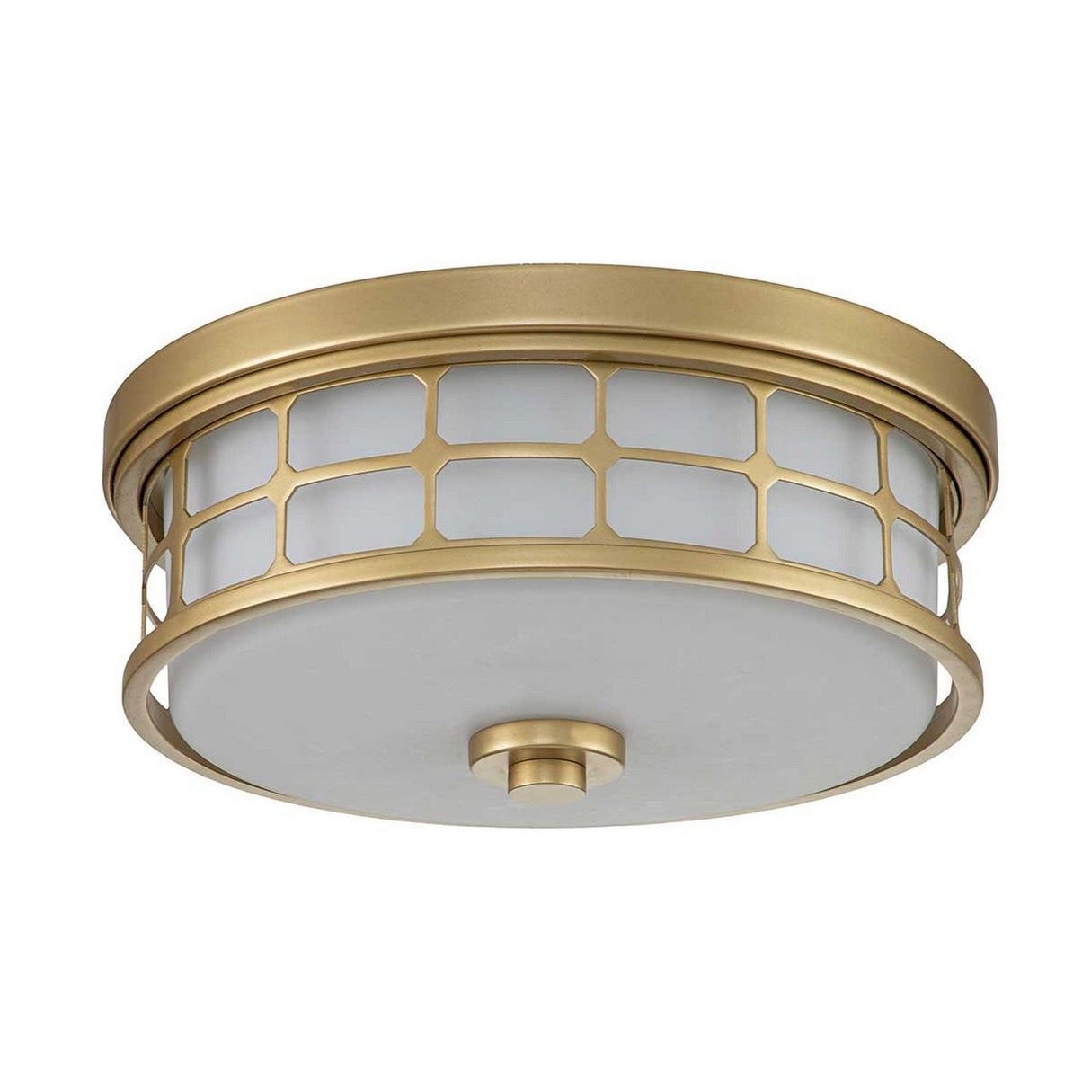 Introducing the Guardian 2 Light Flush in Painted Natural Brass: This round fixture boasts a grid-like design with frosted glass. Its central button-like detail adds a vintage-inspired touch, making it an ideal choice for bathroom lighting.