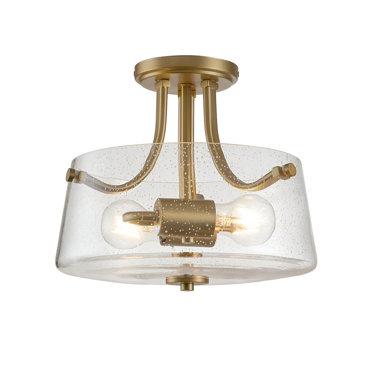The Hollister 2 Light Semi-Flush - Brushed Brass features a clear glass shade with two visible bulbs, complemented by graceful curved metal supports for a contemporary and elegant design.