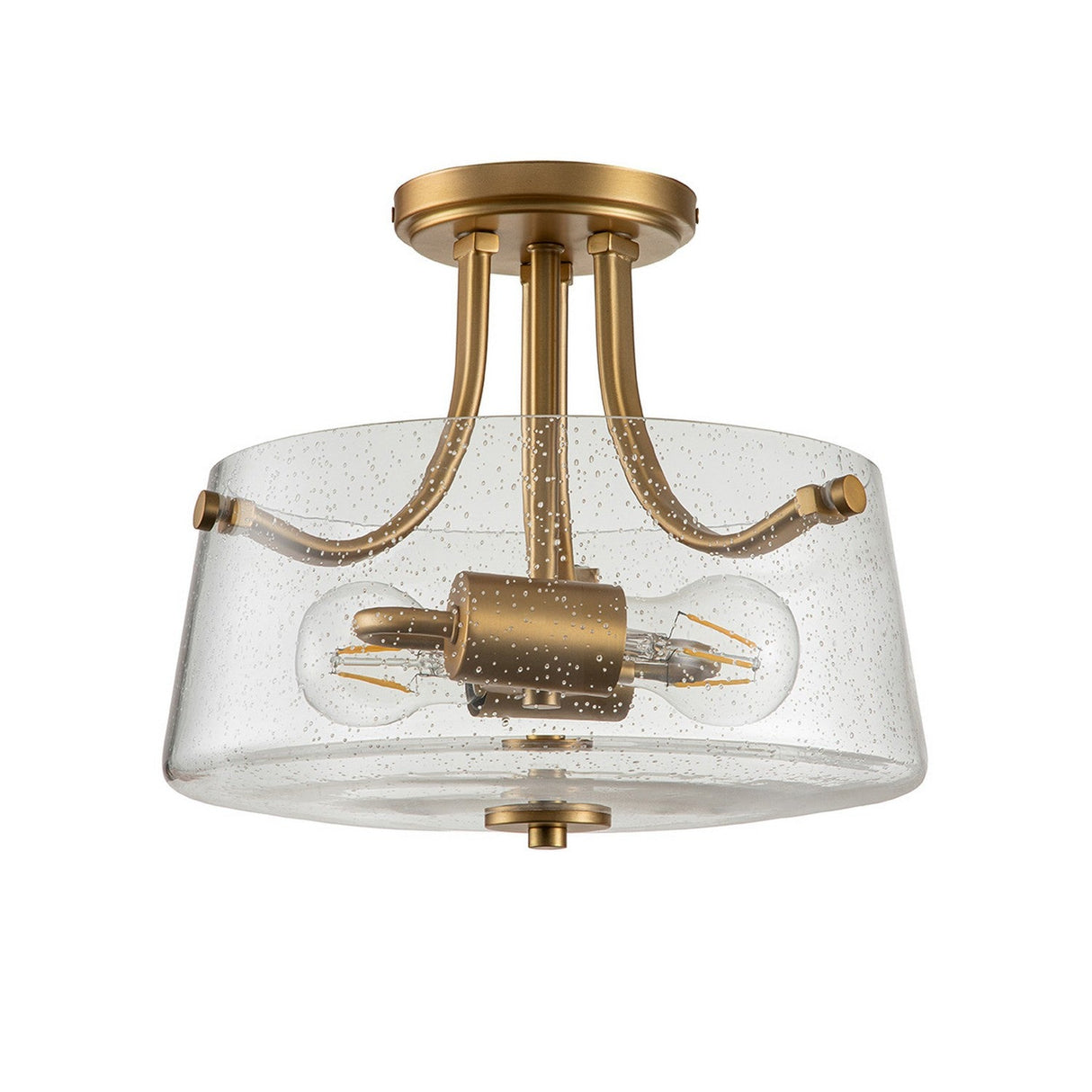 The Hollister 2 Light Semi-Flush - Brushed Brass features a contemporary design with a brushed brass finish and clear glass shade, complemented by two exposed bulbs. The glass showcases a dotted texture, while gracefully curving arms connect the base to the shade, bringing an element of sophistication to any room.