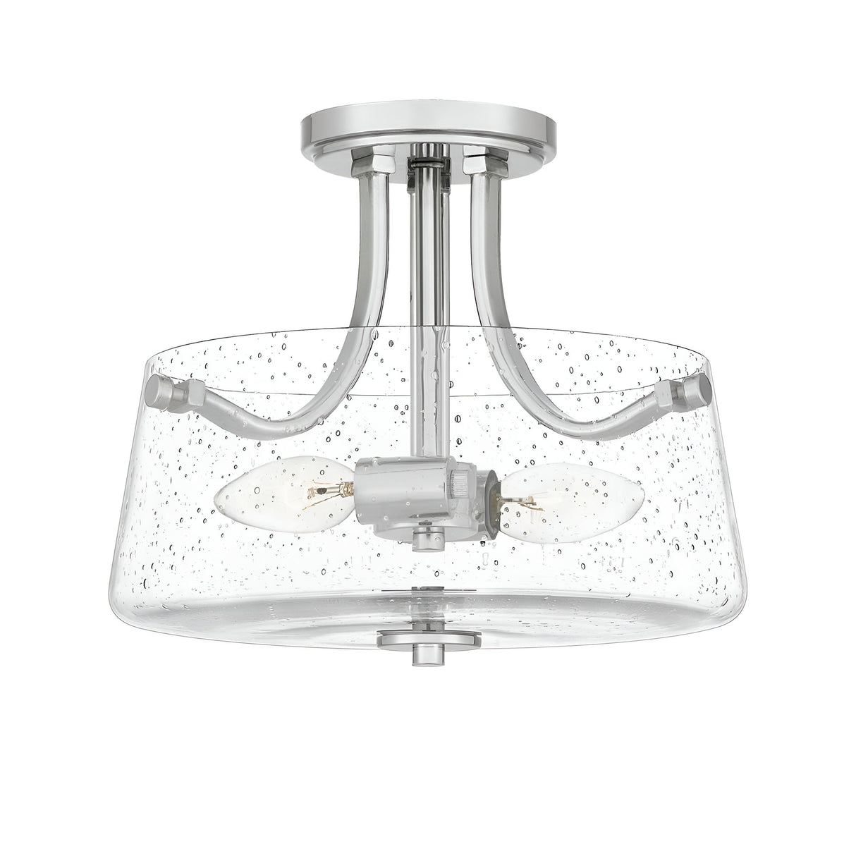 The Hollister 2 Light Semi-Flush - Polished Nickel ceiling fixture showcases a polished nickel finish and a clear seeded glass shade. It includes two exposed bulb sockets joined by gracefully curved metal arms, offering a modern and chic look.