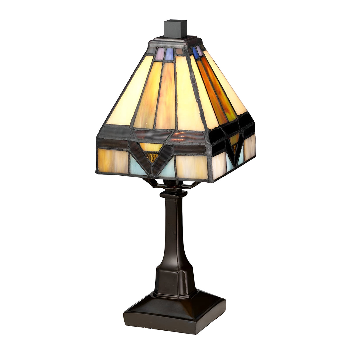 The Holmes 1 Light Mini Tiffany Table Lamp in vintage bronze boasts a geometric stained glass design with shades of amber, purple, and white. It features an ornate dark base and a pyramid-shaped shade that captures the Art Deco style of a classic Tiffany lamp.