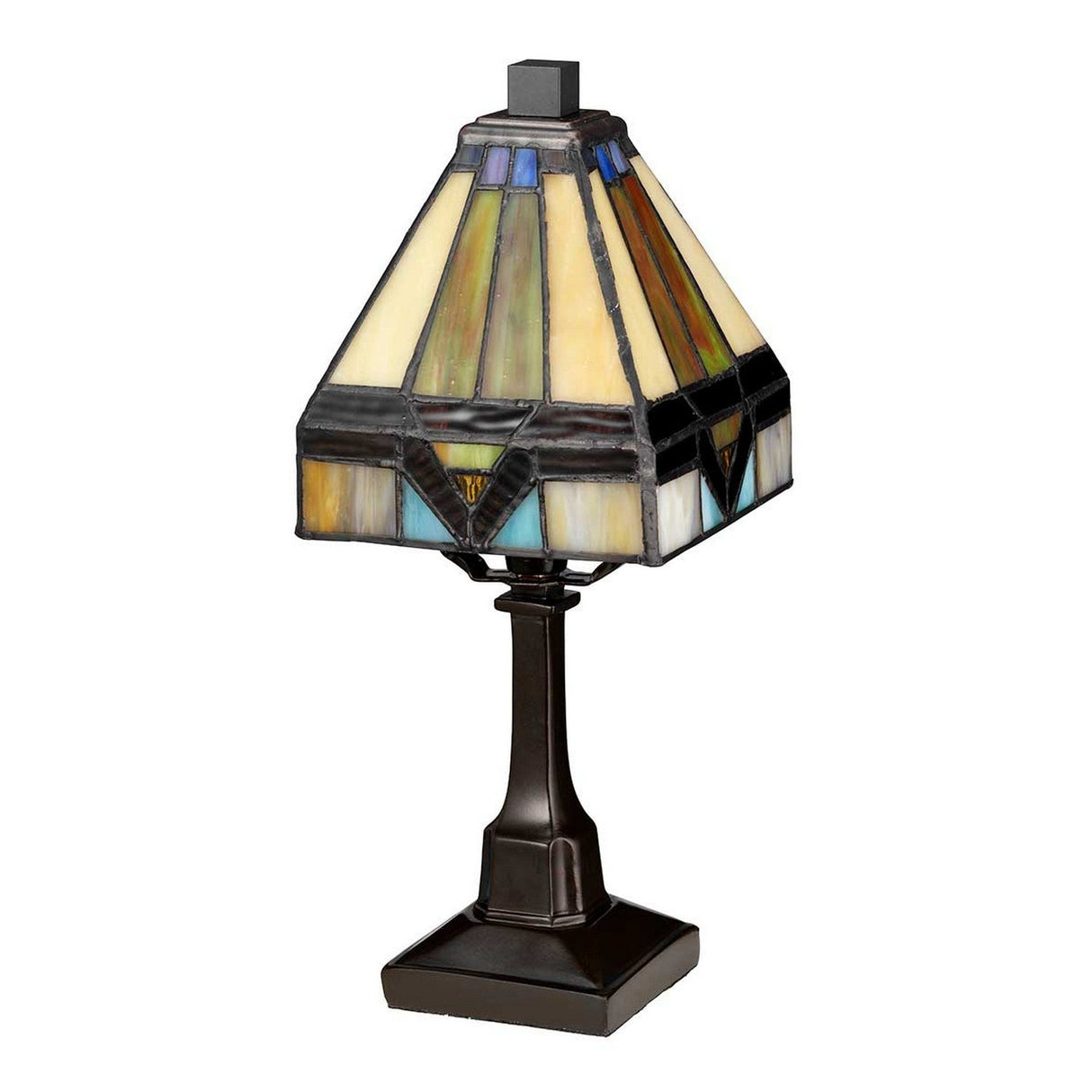 Introducing the Holmes 1 Light Mini Tiffany Table Lamp, featuring a vintage bronze base and stained glass shade adorned with geometric patterns in shades of cream, blue, and amber. This lamp captures the essence of Art Deco style with its dark, angular base design.