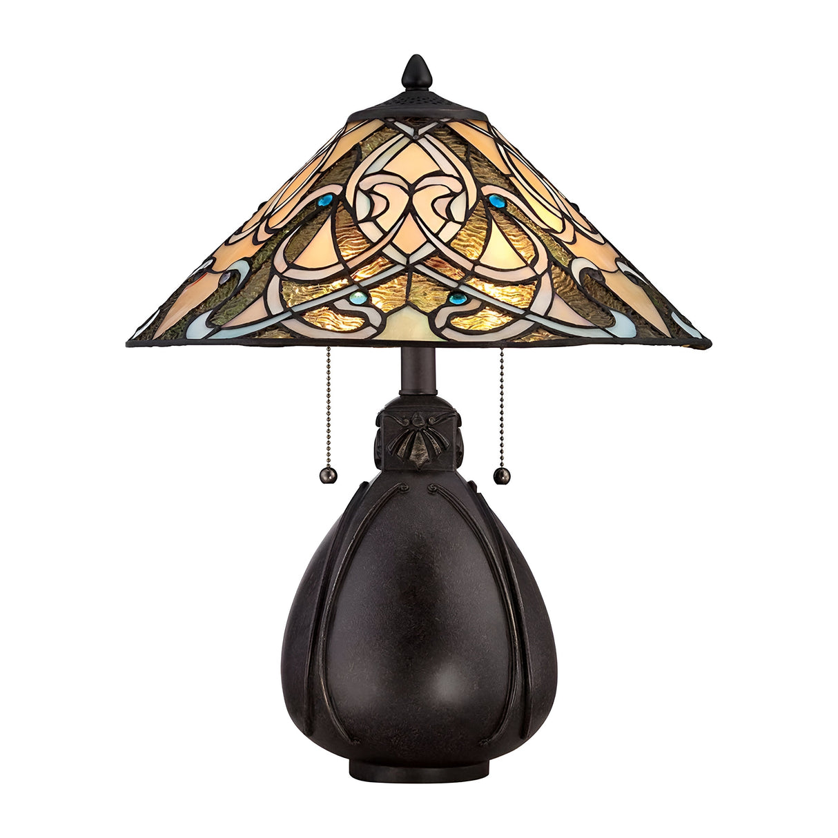The India 2 Light Tiffany Table Lamp features a beautifully ornate, multicolored stained glass shade with intricate patterns. Its dark, smooth base is finished in Imperial Bronze and comes equipped with two pull chains to easily switch the light on and off.