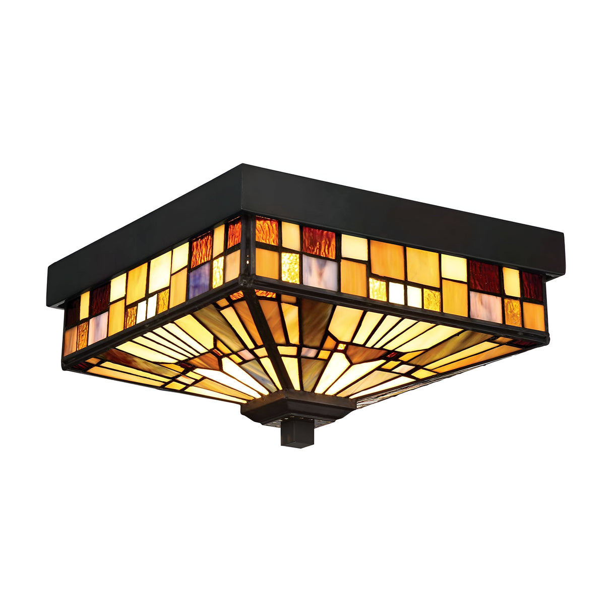 The square ceiling light fixture, named the Inglenook Outdoor 2 Light Tiffany Flush in Valiant Bronze, features a geometric stained glass design with warm hues of yellow, orange, and red. Its dark border enhances the finish, evoking a cozy and inviting ambiance similar to an outdoor Tiffany style light.