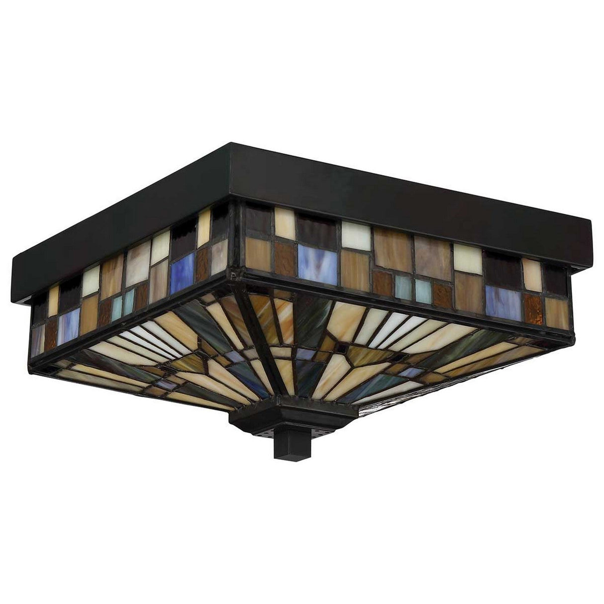 The Inglenook Outdoor 2 Light Tiffany Flush in Valiant Bronze is a square stained glass ceiling light fixture with a geometric pattern, showcasing a stained glass shade in shades of brown, cream, and blue. It features a symmetrical mosaic style and is accentuated by a dark metallic frame.