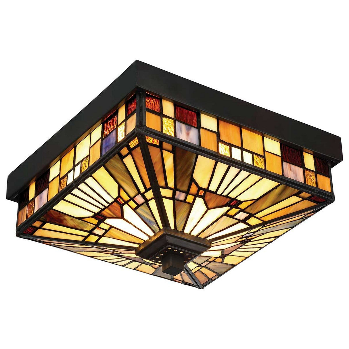 The Inglenook Outdoor 2 Light Tiffany Flush - Valiant Bronze features a square stained glass ceiling light with a geometric pattern in amber, brown, and red. Its dark metal frame boasts a Valiant Bronze finish, and its intricate lines and vibrant panels cast a warm, inviting glow.