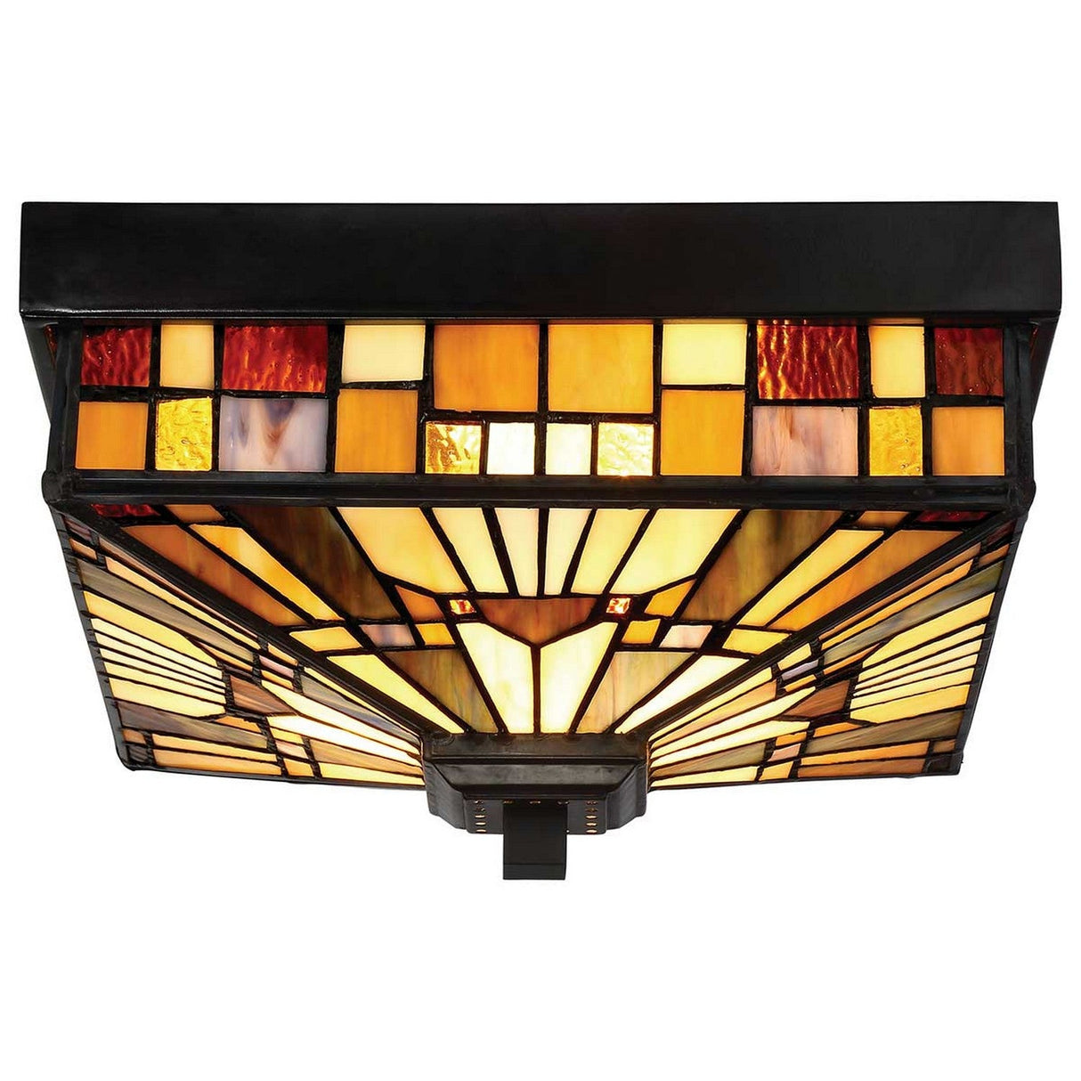 Introducing the Inglenook Outdoor 2 Light Tiffany Flush - Valiant Bronze. This square stained glass ceiling light showcases an art deco design with geometric patterns in rich hues of amber, red, and gold. The shade is elegantly edged by a black frame and features a harmonious layout, enhanced by the stunning Valiant Bronze finish.