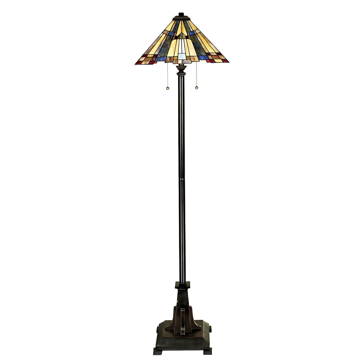 The Inglenook 2 Light Floor Lamp in Valiant Bronze boasts an art glass shade with geometric patterns in earthy tones and a dark, slender base. It includes two pull chains for easy light adjustment.