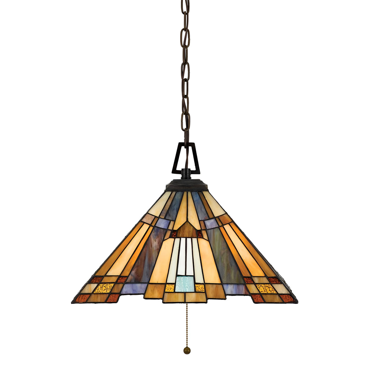 The Inglenook 3 Light Small Tiffany Pendant in Valiant Bronze is crafted in the Arts & Crafts style, showcasing a geometric pattern with shades of amber, gold, and gray. It is designed with a triangular shape and intricate color blocks, hanging elegantly from a chain. This pendant lamp includes a convenient pull chain for easy operation.