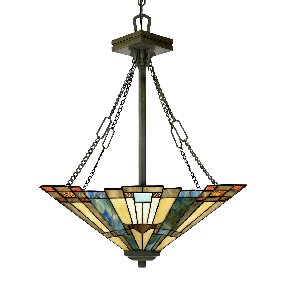 The Inglenook 3 Light Large Tiffany Pendant in Valiant Bronze showcases a stunning stained-glass chandelier with a geometric design featuring shades of blue, green, amber, and red. It is elegantly suspended from a metal rod and chains.