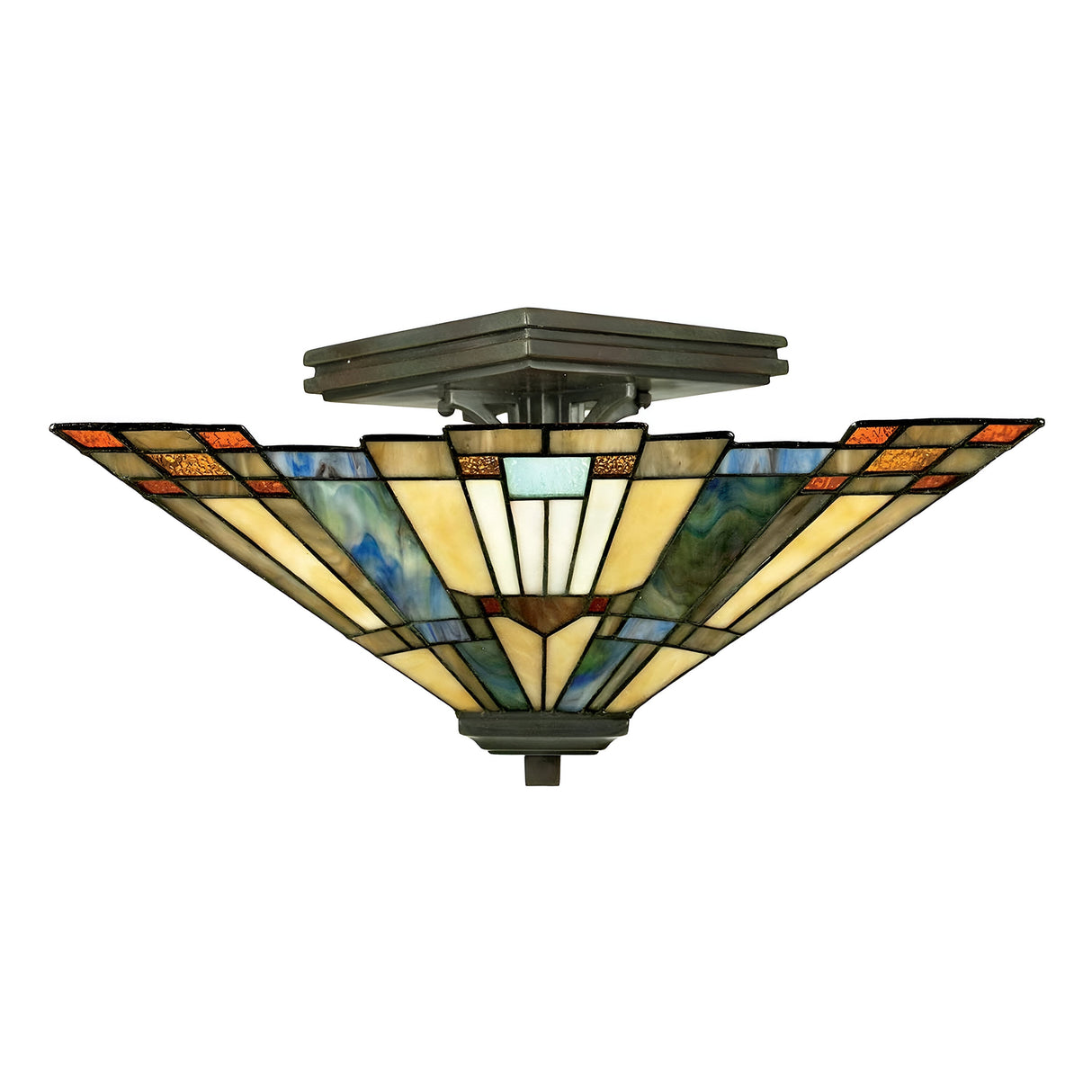 The Inglenook 2 Light Tiffany Semi-Flush in Valiant Bronze displays an Art Deco design with a stained glass shade featuring geometric patterns in shades of green, orange, blue, and cream. The light is mounted on a metal base and gently diffuses through the colored panels, creating an Arts & Crafts style ambiance.