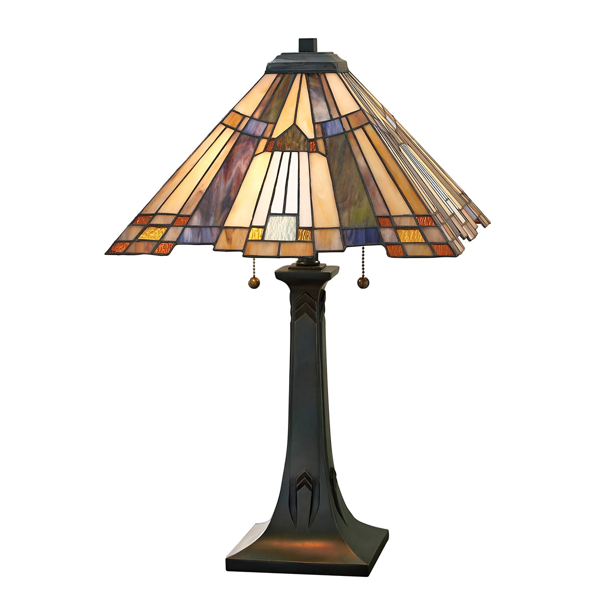 The Inglenook 2 Light Table Lamp - Valiant Bronze is beautifully designed with an Art Nouveau style shade. Its base boasts a valiant bronze finish and geometric patterns, while the warm-colored art glass panels form an elegant decorative design. The lamp includes two pull chains beneath the shade for light control.