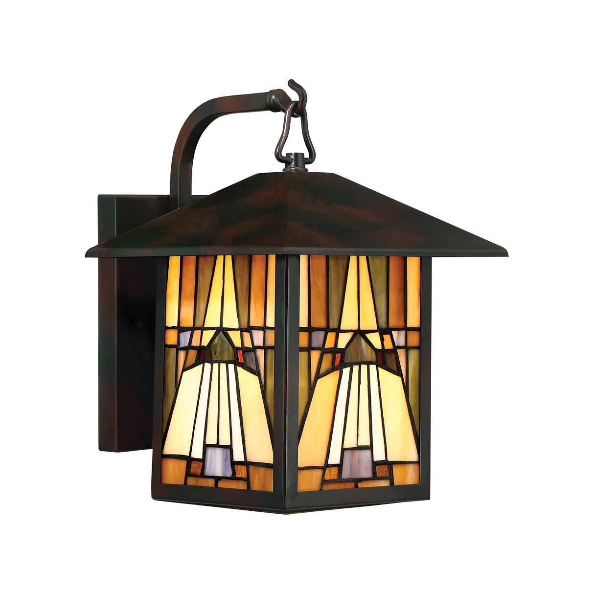 The Inglenook Outdoor 1 Light Medium Wall Lantern in Valiant Bronze features a stained glass shade in shades of amber, cream, and brown. The lantern showcases a rectangular shape with an Arts & Crafts style design and is mounted on a gracefully curved arm.