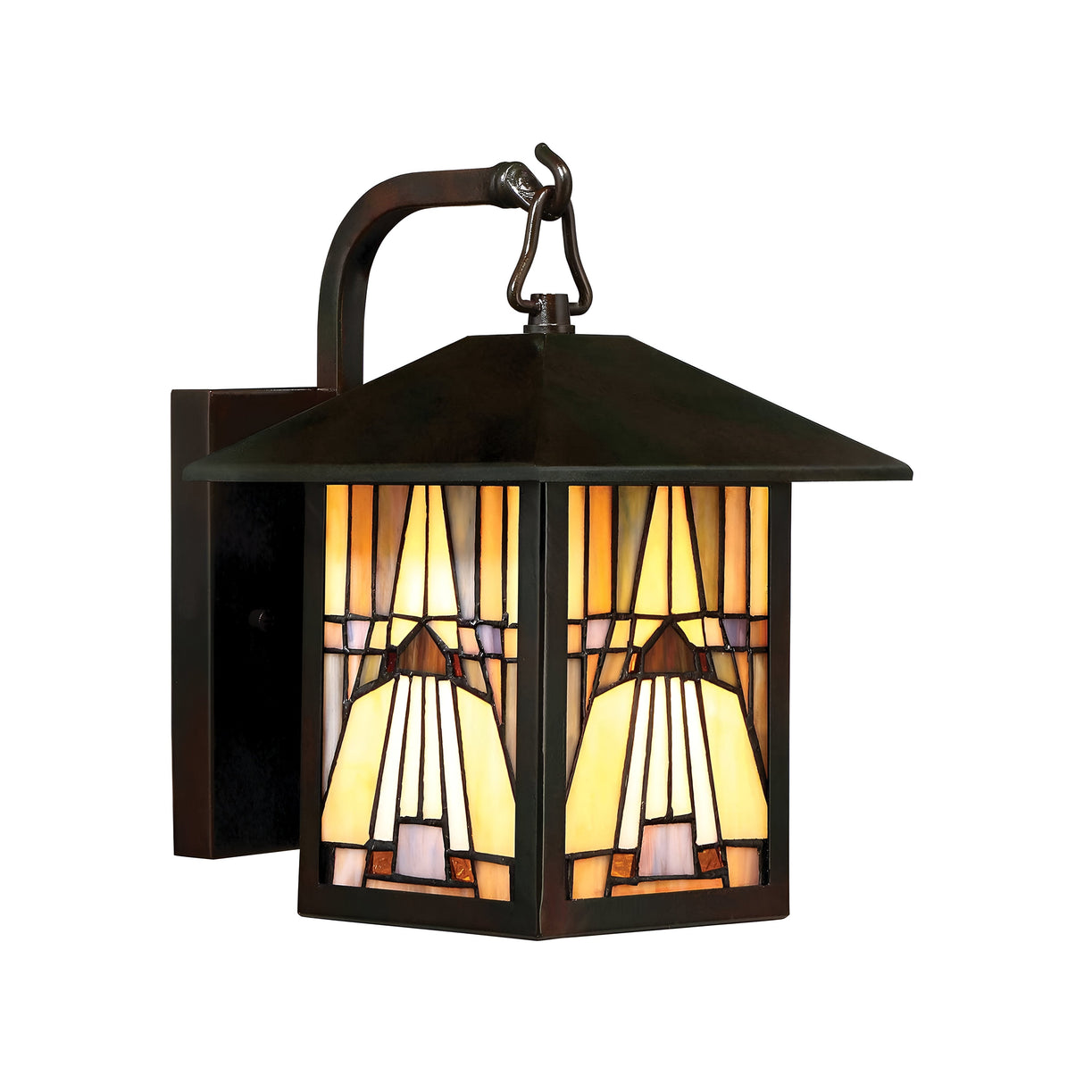 Introducing the Inglenook Outdoor 1 Light Small Wall Lantern in Valiant Bronze, a vintage-style fixture with an Arts & Crafts stained glass shade adorned with warm geometric patterns. Its dark metal frame and angled roof provide a classic and elegant look, ideal for enhancing any exterior space.