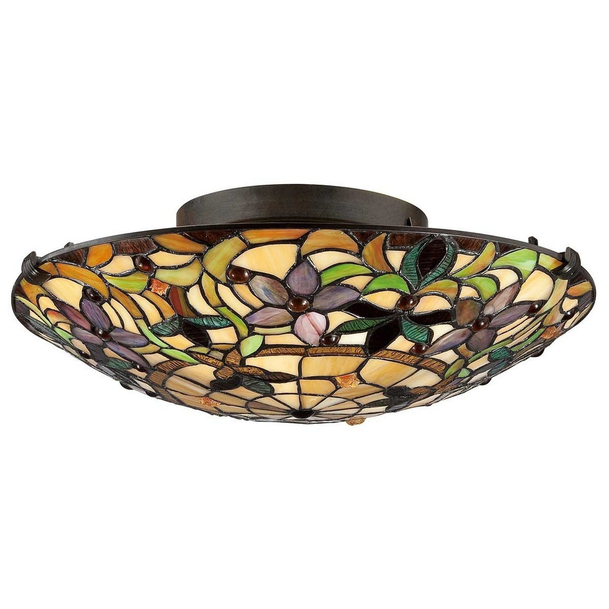 The Kami 2 Light Tiffany Flush in Vintage Bronze features a stained glass shade adorned with floral patterns in vibrant hues of yellow, purple, green, and brown, highlighting the enduring artistry of Tiffany-style design.