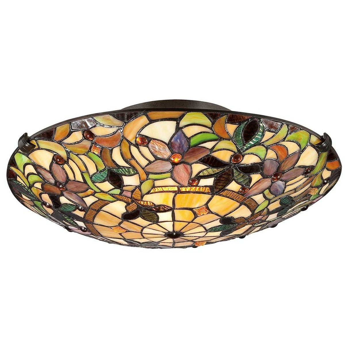 Discover the allure of Tiffany-style artistry with the Kami 2 Light Tiffany Flush in Vintage Bronze. Featuring a floral design composed of yellow, orange, green, and purple hues, this stained glass ceiling light fixture creates an intricate circular pattern that enhances the elegance of any room.