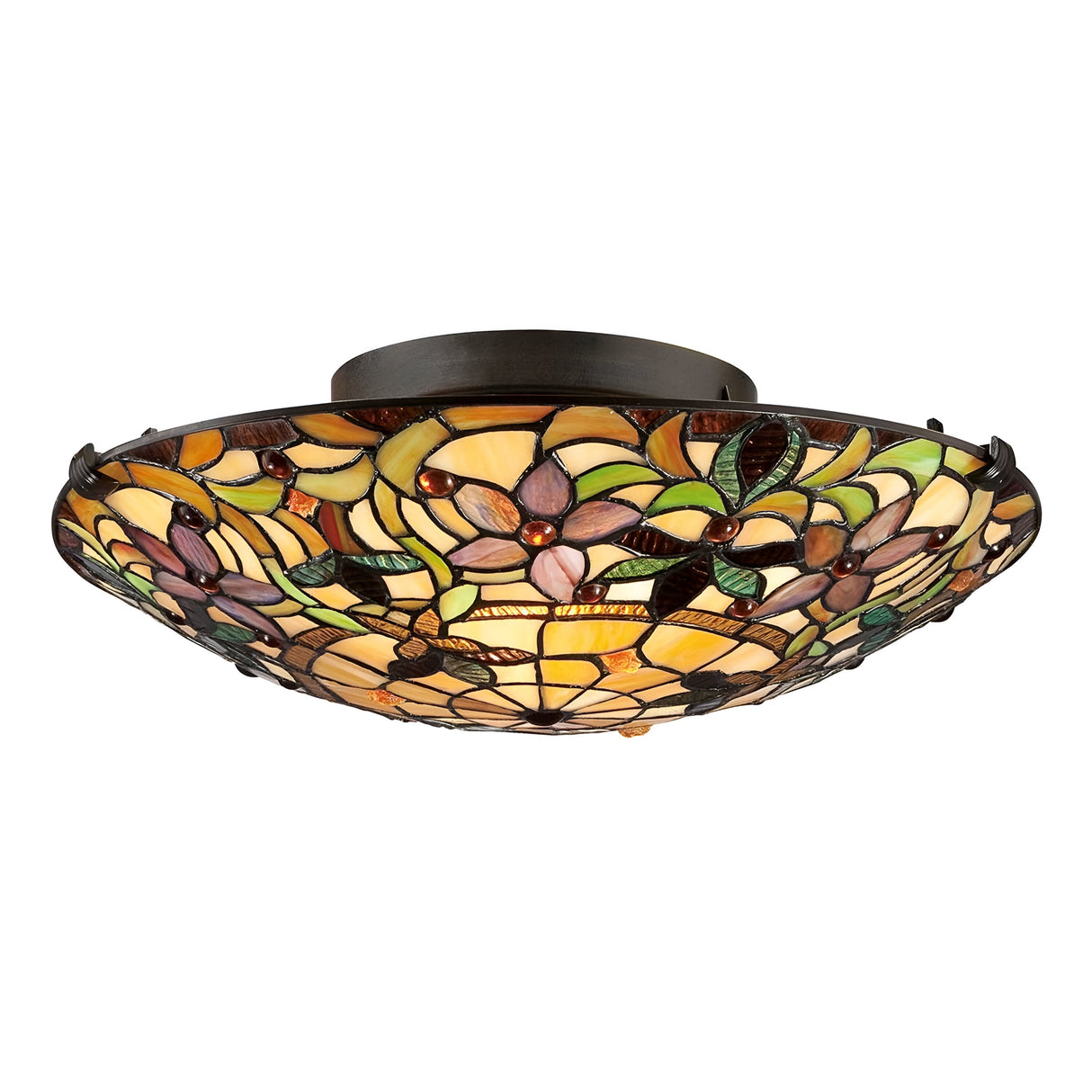 The "Kami 2 Light Tiffany Flush - Vintage Bronze" ceiling light fixture features vibrant floral patterns in shades of orange, green, and purple. It embodies Tiffany-style artistry with its vintage bronze trim, inspired by a classic design aesthetic.