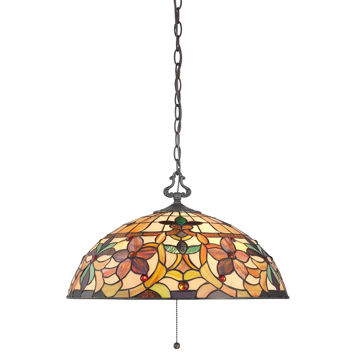 The Kami 3 Light Tiffany Pendant in Vintage Bronze features a stained glass shade with vibrant floral patterns in orange, yellow, and green. It hangs elegantly from a vintage bronze chain and includes a convenient pull chain for operation.
